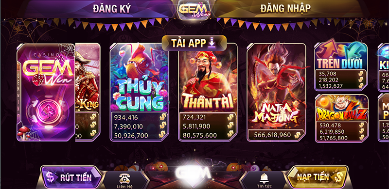 Giao diện game bài đổi thưởng hiển thị các trò chơi tiến lên phỏm poker trên màn hình di động